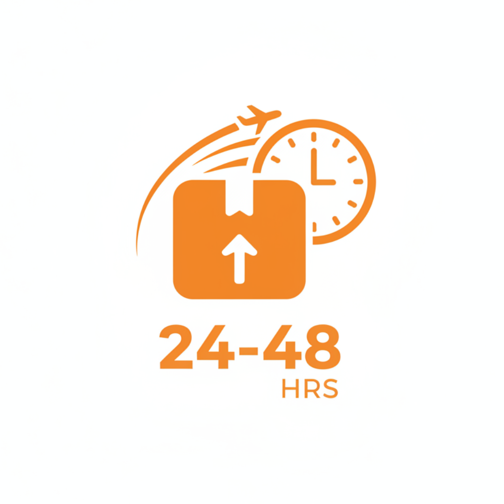 Símbolo de Entrega en 24-48H, colores naranjas, fondo blanco