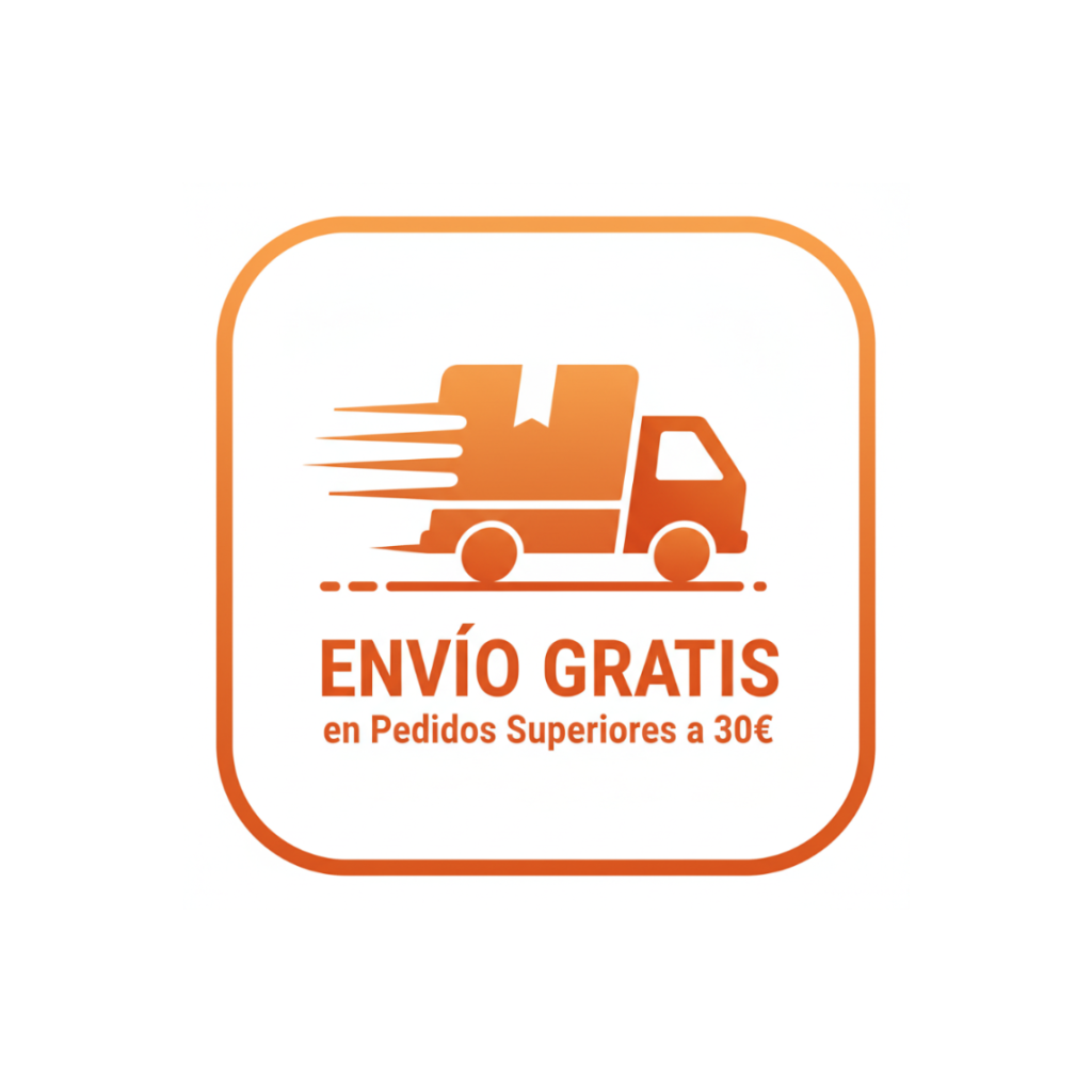 Simbolo de Envio Gratis en Pedidos Superiores a 30€, colores naranjas, fondo blanco